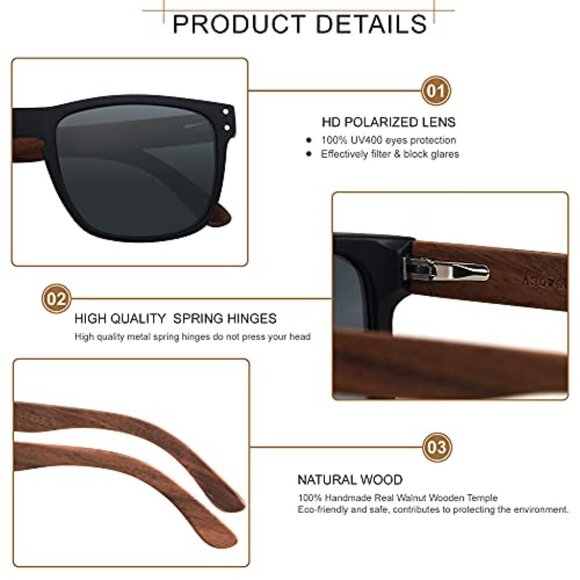 Polarized Wood Frame Sunglasses UV400 Protection Unisex Square Shades main image 5